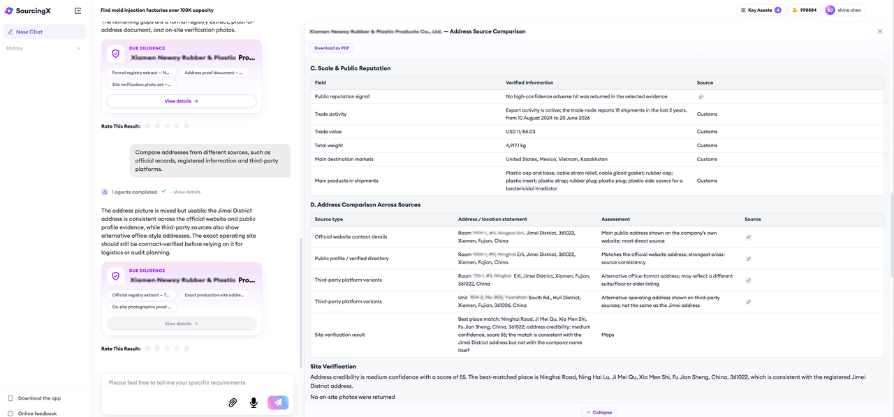 The SourcingX due-diligence panel showing an Address Source Comparison report for a Chinese supplier, where the address stated on the official website, the public profile or verified directory, several third-party platform variants, and a map-based site verification result are listed side by side with an assessment of how consistent each source is and a site-verification credibility score.