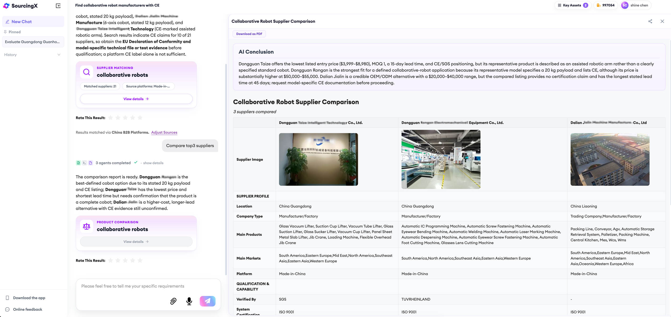 SourcingX AI chat comparing three CE-certified collaborative robot suppliers from China in a side-by-side report
