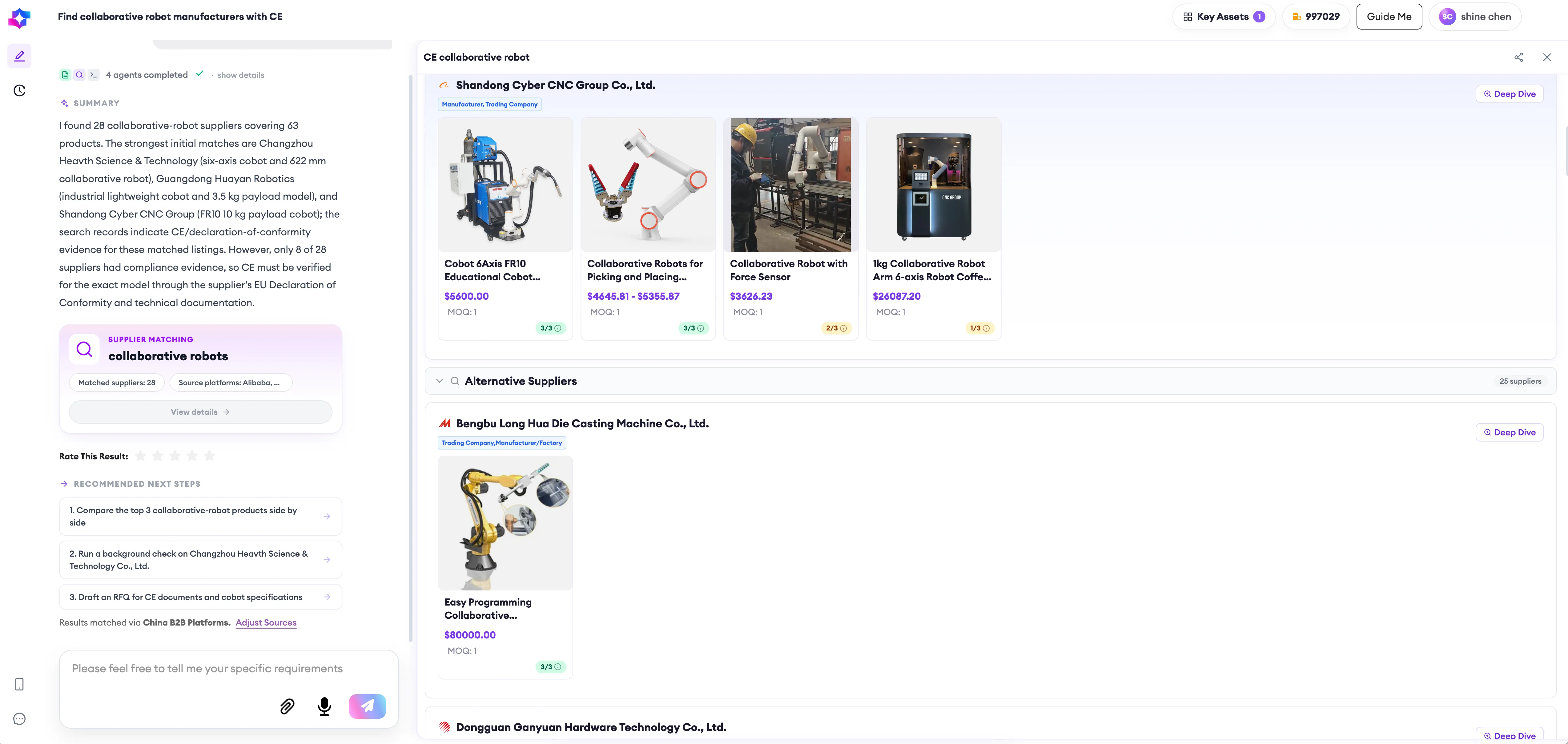 SourcingX supplier matching results for the request “Find collaborative robot manufacturers with CE”: the left panel summarises 28 collaborative-robot suppliers across 63 products, names the strongest initial matches, notes that only 8 of 28 suppliers had CE compliance evidence, and lists recommended next steps such as comparing the top three products and running a background check. The right panel lists shortlisting candidates grouped by company — Shandong Cyber CNC Group Co., Ltd. and Bengbu Long Hua Die Casting Machine Co., Ltd. — each with a supplier-type label such as Manufacturer or Trading Company, product cards showing unit price, MOQ and an evidence counter, and an Alternative Suppliers section holding 25 further candidates.
