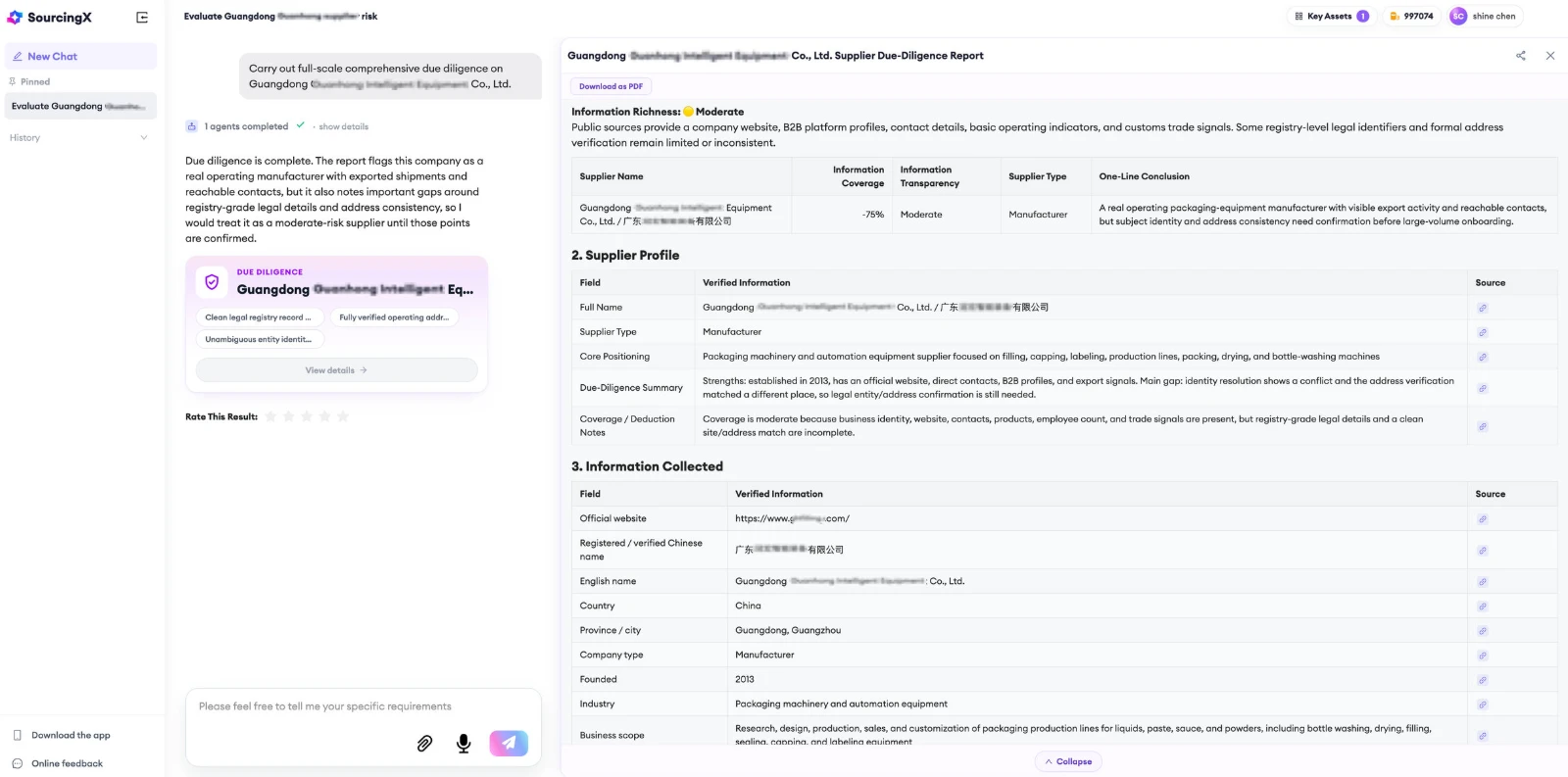 SourcingX AI due-diligence report on a Chinese packaging machinery manufacturer, showing moderate information richness and a verified supplier profile