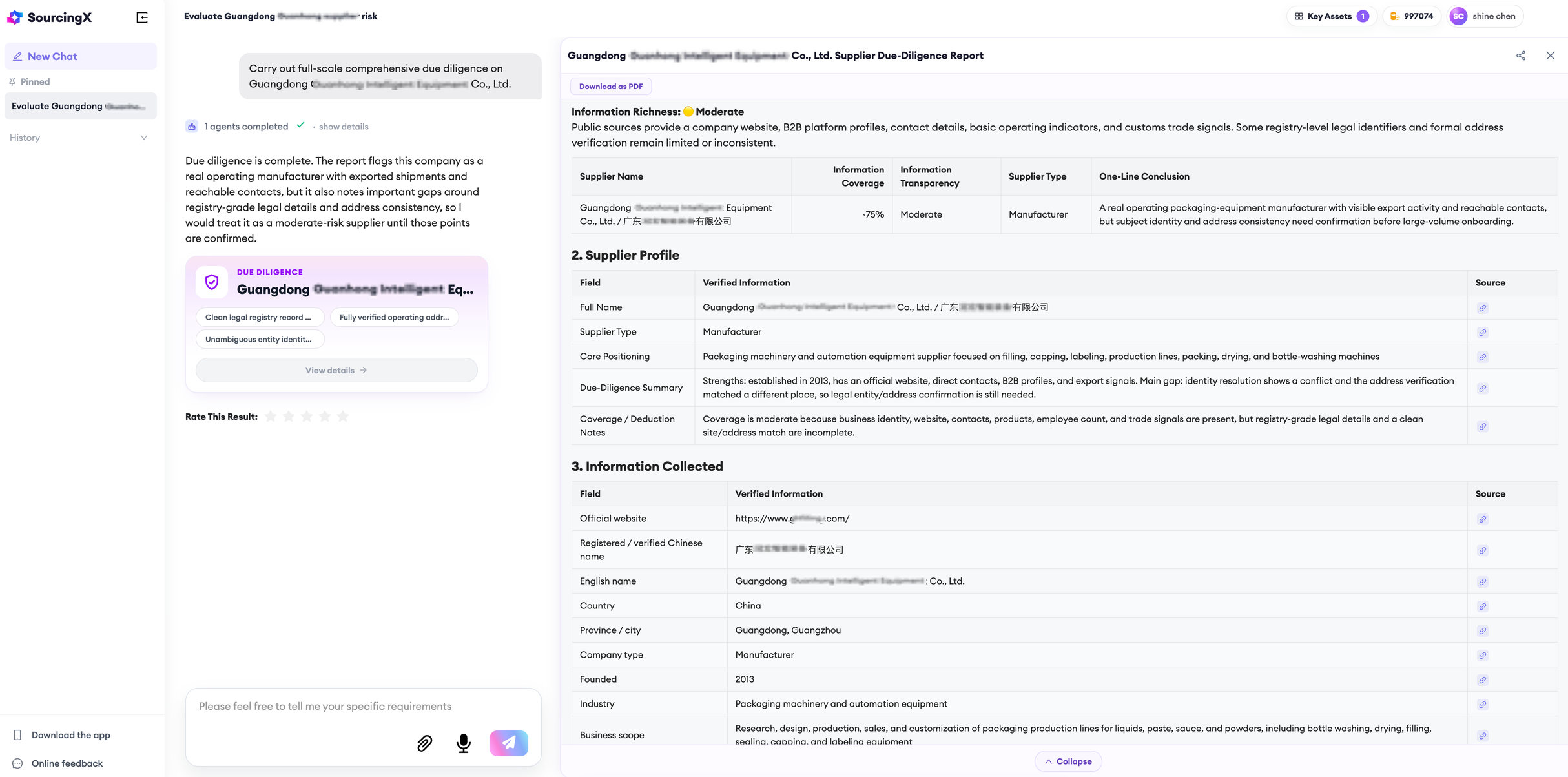 SourcingX AI due-diligence report on a Chinese packaging machinery manufacturer, showing moderate information richness and a verified supplier profile