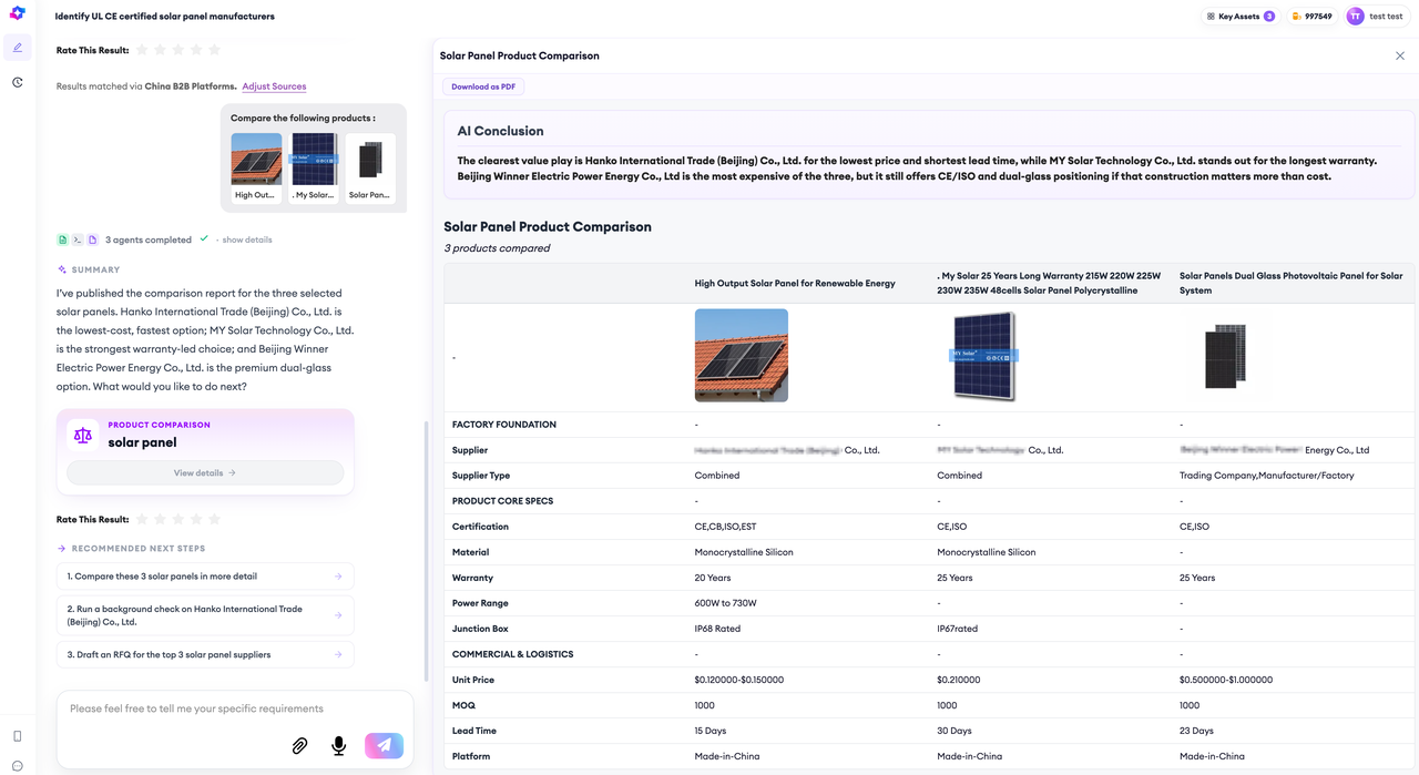 A SourcingX supplier verification summary for a shortlisted company, showing supported facts, unresolved issues, and the checks recommended before a larger order.