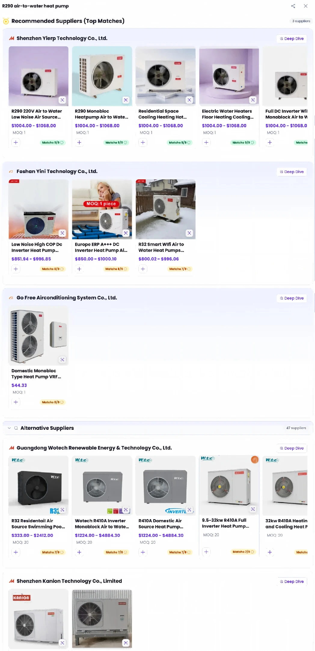 SourcingX heat pump supplier results showing 9/9 and 8/9 matches with different public listing prices