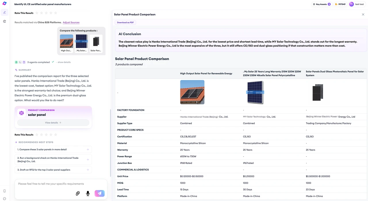 A SourcingX supplier verification summary for a shortlisted company, showing supported facts, unresolved issues, and the checks recommended before a larger order.
