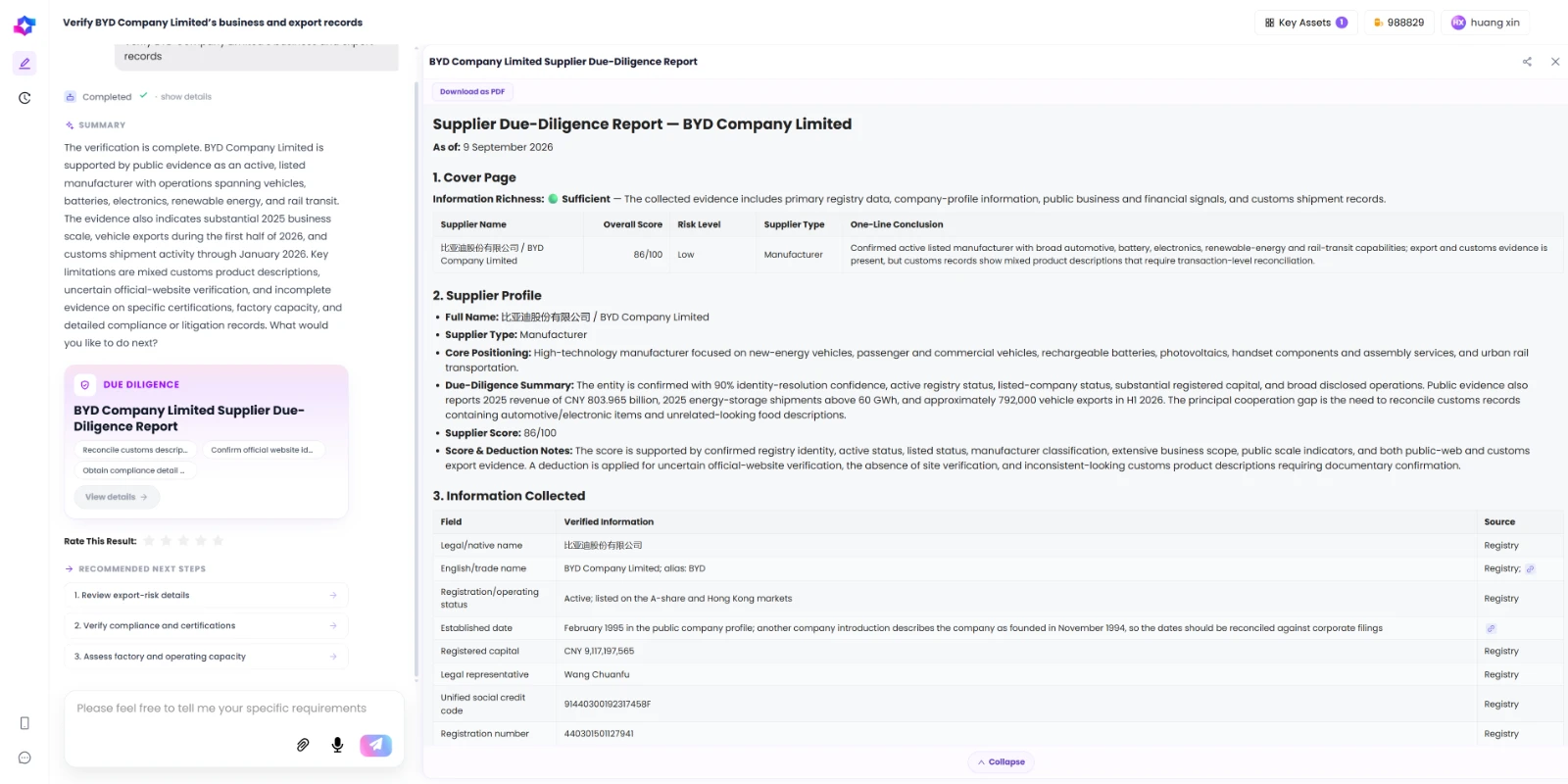 SourcingX supplier due-diligence report for a Guangdong packaging-equipment company whose name is redacted in the screenshot. The left panel shows the request “Carry out full-scale comprehensive due diligence” and a summary concluding that the company is a real operating manufacturer with exported shipments and reachable contacts, but with gaps around registry-grade legal details and address consistency. The right panel rates information richness as Moderate and gives a summary row with information coverage, information transparency, a Supplier Type of Manufacturer, and a one-line conclusion that identity and address consistency need confirmation before large-volume onboarding. Below it, a Supplier Profile section lists full name, supplier type, core positioning, due-diligence summary and coverage notes, and an Information Collected section lists the official website, registered Chinese name, English name, country, province and city, company type, founding year, industry and business scope — each row carrying its own source link.