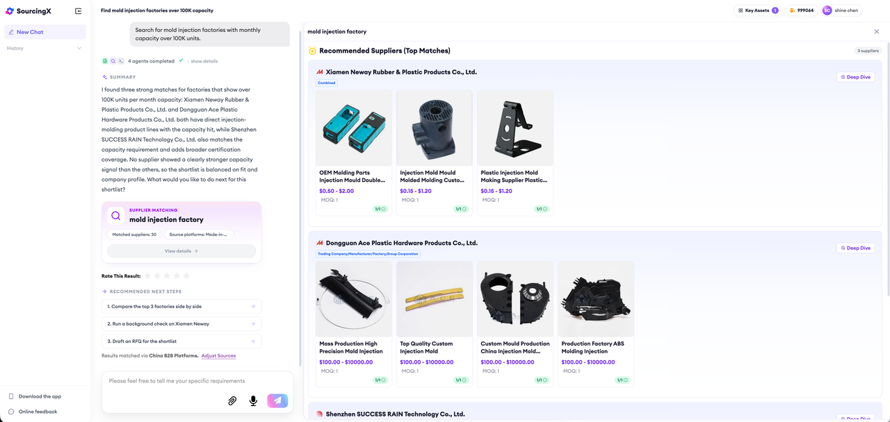 The SourcingX supplier search interface, where a buyer describes the product and sourcing requirement and reviews the potential suppliers returned as candidates for further evaluation.