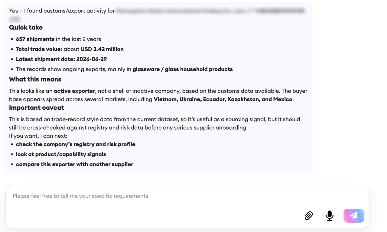 An anonymized SourcingX export analysis showing shipment count, declared trade value, latest visible shipment date, product categories, destination markets, and data limitations.
