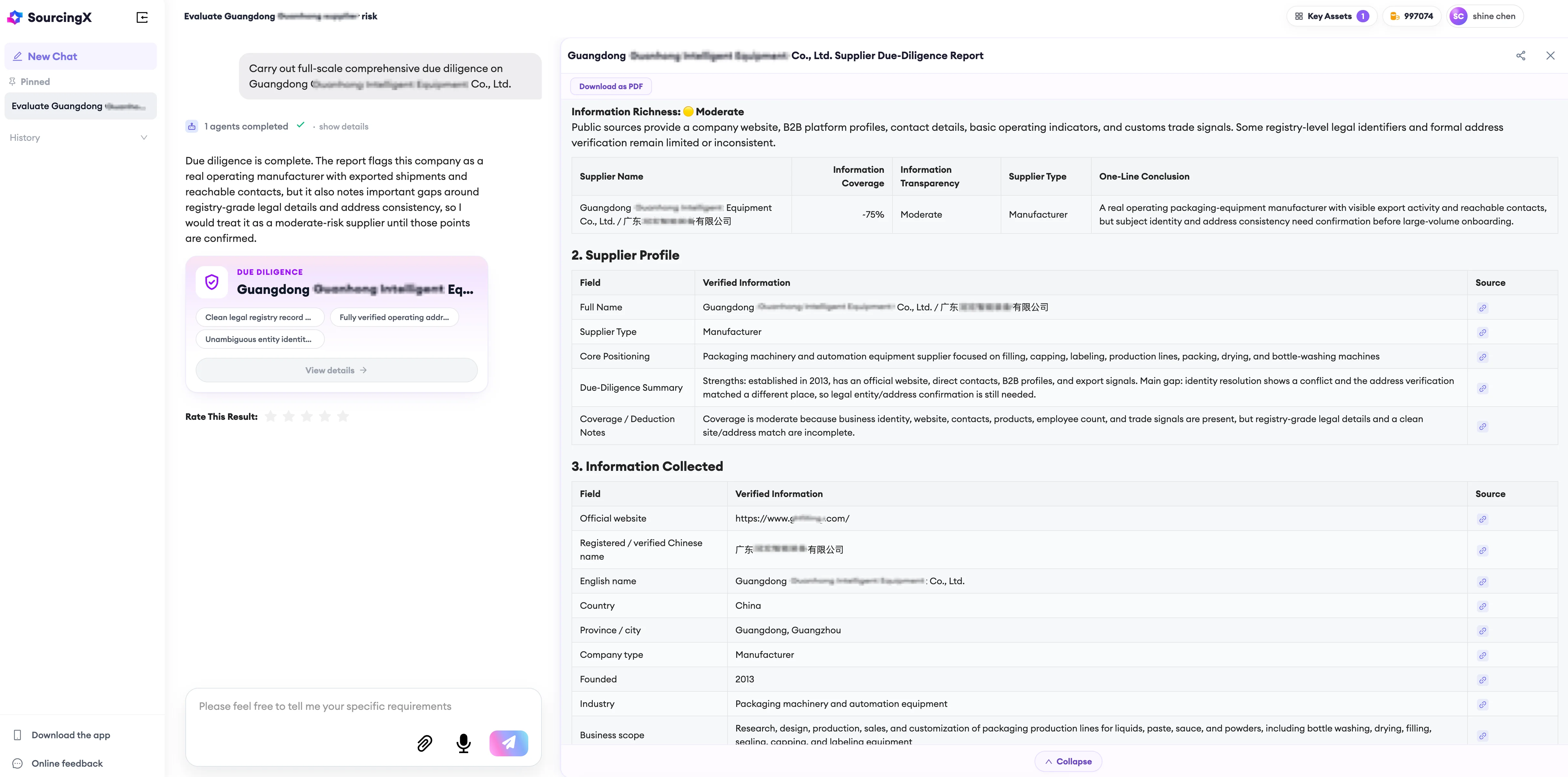 SourcingX supplier due-diligence report for a Guangdong packaging-equipment company whose name is redacted in the screenshot. The left panel shows the request “Carry out full-scale comprehensive due diligence” and a summary concluding that the company is a real operating manufacturer with exported shipments and reachable contacts, but with gaps around registry-grade legal details and address consistency. The right panel rates information richness as Moderate and gives a summary row with information coverage, information transparency, a Supplier Type of Manufacturer, and a one-line conclusion that identity and address consistency need confirmation before large-volume onboarding. Below it, a Supplier Profile section lists full name, supplier type, core positioning, due-diligence summary and coverage notes, and an Information Collected section lists the official website, registered Chinese name, English name, country, province and city, company type, founding year, industry and business scope — each row carrying its own source link.