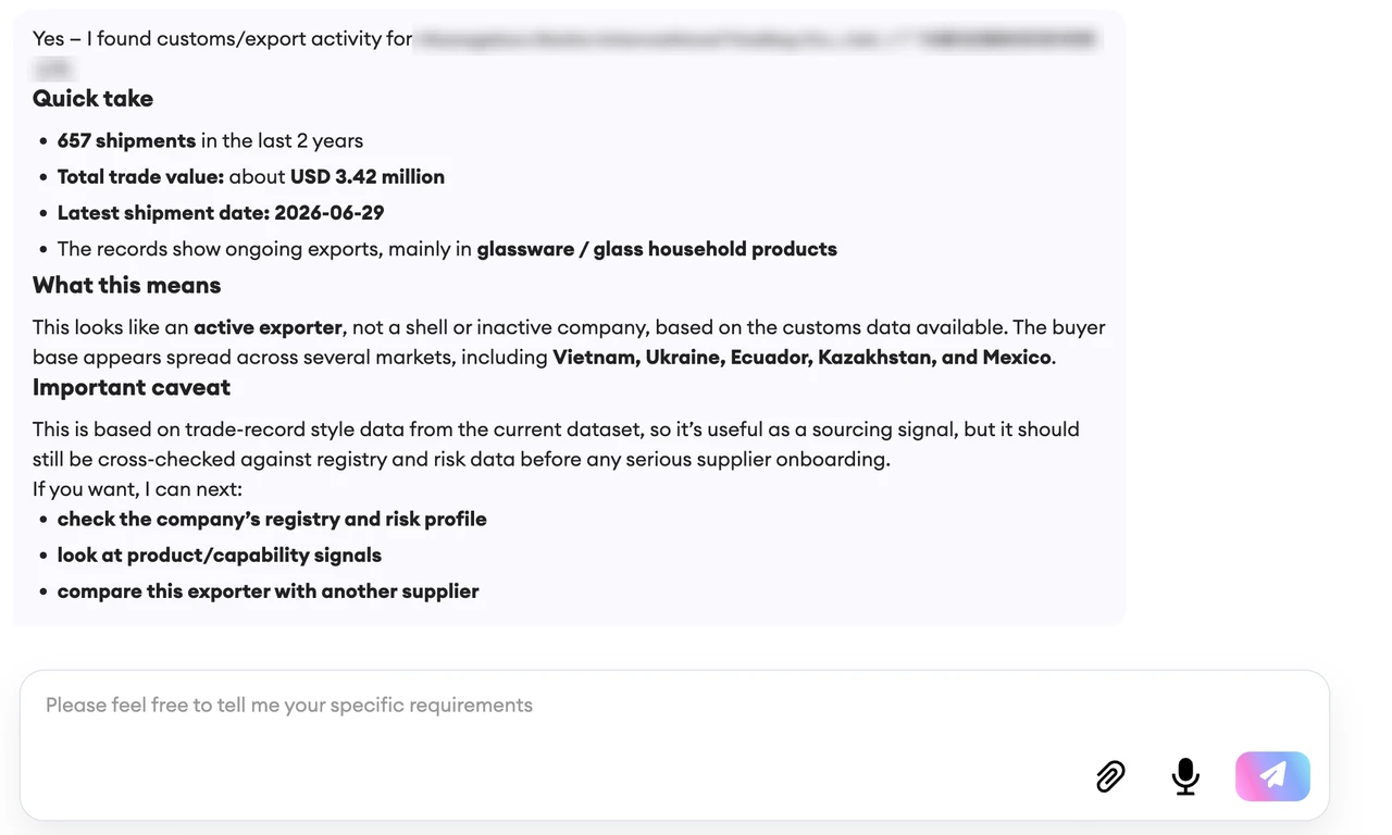An anonymized SourcingX export analysis showing shipment count, declared trade value, latest visible shipment date, product categories, destination markets, and data limitations.