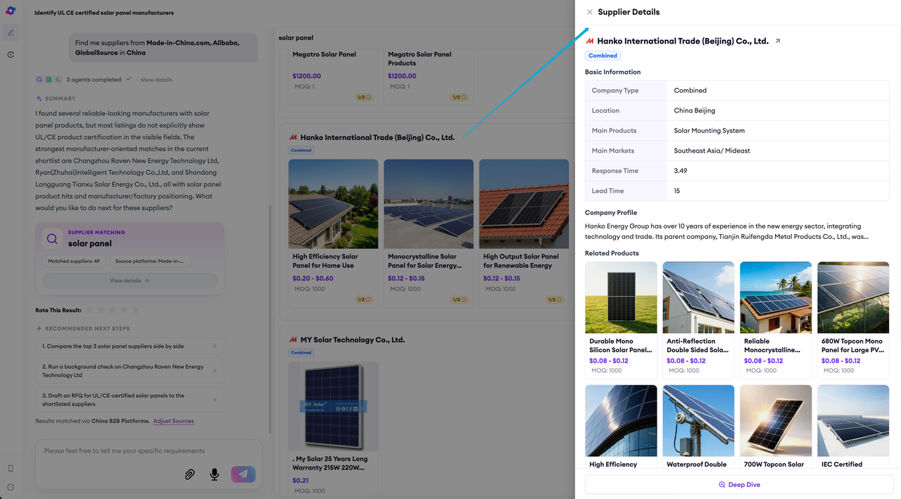 A SourcingX supplier review used to narrow a longlist, showing product and company information for each candidate alongside the questions that still need supplier confirmation.