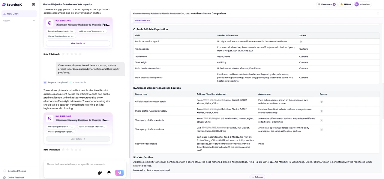 The SourcingX due-diligence panel showing an Address Source Comparison report for a Chinese supplier, where the address stated on the official website, the public profile or verified directory, several third-party platform variants, and a map-based site verification result are listed side by side with an assessment of how consistent each source is and a site-verification credibility score.