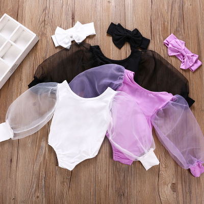 2020 Newborn Children's Solid Pattern Chiffon Clothing Girls Bubble Sleeve Romper with Headband Baby Clothes