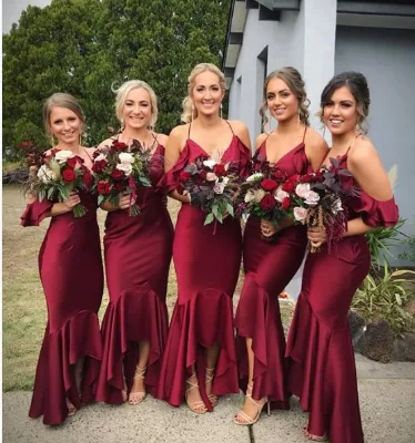 Front Short and Long Back Gorgeous V Neck Summer Burgundy Bridesmaid Dresses