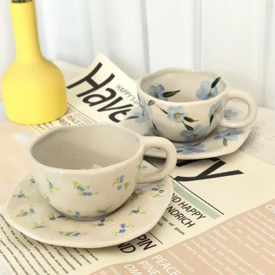 Japanese-style Vintage Ceramic Coffee Cup Saucer Beige Blue Floral-Themed Afternoon Tea Set Microwave Safe 201-300ml Cup