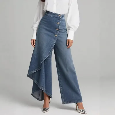 2026 Independent Site New Arrival Spring Large Loose Mid Wide Leg Solid-Color Casual Denim-Look Printed Button-Down Leggings