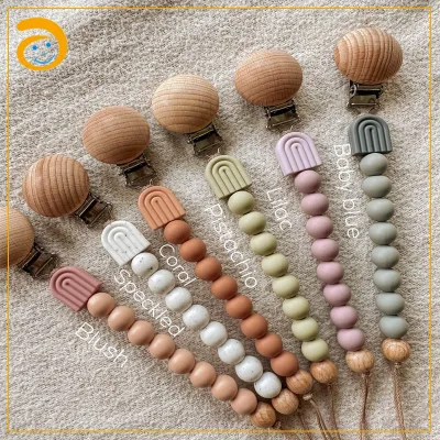 New Lovely Beech Wood Rainbow Pacifier Chains Fancy Silicone Beads Pacifier Clips With Pacifier Bag