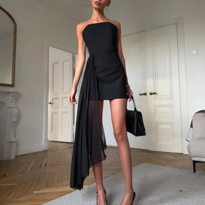 Summer Fashienable Solid Style Women's Press Summer Hot Sbyle Sexy Strapless Slim Fit Pleated Ribbon Patchwork Mini Dress