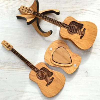 Bestseller Wooden Guitar-Shaped Pick Holder with Stand and Case Crafted Guitar Accessories