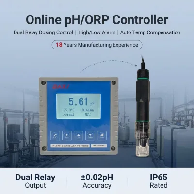 Online pH ORP Controller 4-20mA RS485 High Low Alarm Dosing Control Industrial Water Treatment pH Meter Sensor Probe