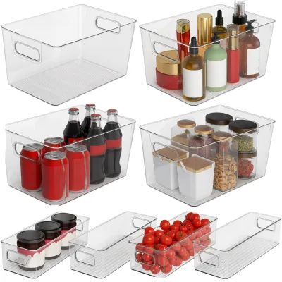 SKTKSE Clear Plastic Food Grade Rectangle Storage Bins 8 Pack Pantry Fridge Freezer Kitchen Cabinet Bathroom Closet Home