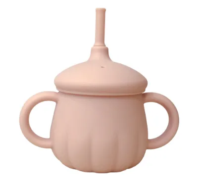 Pumpkin Design Measurement Markings Food Grade Silicone Baby Drinking Cup With Straws and Lids Sippy Cups Kids Toddler Cups