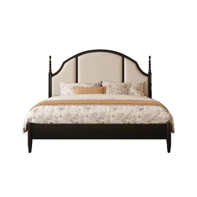 French Modern Midcentury 1.8 Meter Oak Wood Adjustable Double Bed Simple Eco-Friendly Bedroom Furniture Upholstery Black Bed