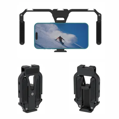 Foldable Aluminum Alloy Phone Cage Pocket Size Video Recording Smartphone Rig with Adjustable Dual Handles Phone Stabilizer