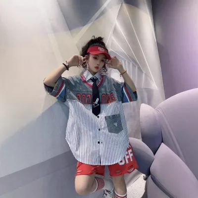 2025 Summer New Heavy Letter Embroidery Loose Faux Two-Piece Tie Top European-Style Vertical Striped Denim Shirt for Women C0214