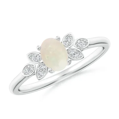 14K White Gold Vintage Style Oval Opal Ring for Women Wedding Ring with Diamond Accents
