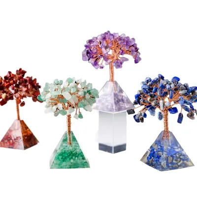 Natural Obsidian Crystal Tree Ornament with Black Pyramid Base & Chip Fortune DIY Home Office Flower Decoration