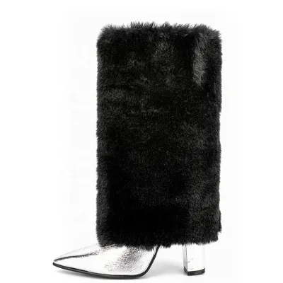 Big Size 44 Winter Thick Fur Overlay Short Booty Chunky Heels Ankle Boots Women Pointed Toe Folded Furry Western