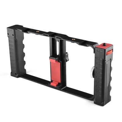 Phone Video Cage Rig Smartphone Vlogging Rig with Cold Shoe Mount with Hand Grip Compatible with iPhone & Phones Under 6 Inch