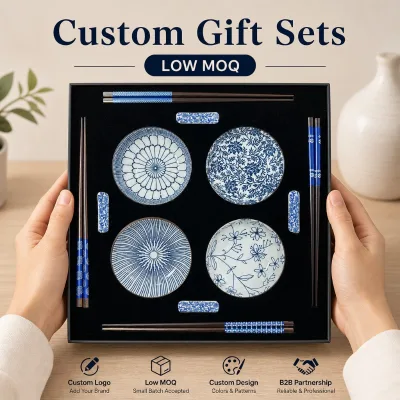 Blue White Porcelain Dish and Chopsticks Gift Set 4 Persons Japanese Tableware Gift Box Wholesale Custom