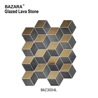 Bazara 3D Cube Hexagon Glazed Lava Stone Mosaic, Black Gold Textured Volcanic Stone Mosaic for Luxury Feature Wall
