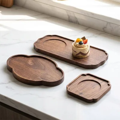 Premium Walnut Wood Serving Tray Set Unique Cloud Shaped Rectangular Dessert Plate Coffee Tea Cup Saucer Luxury Home Decor