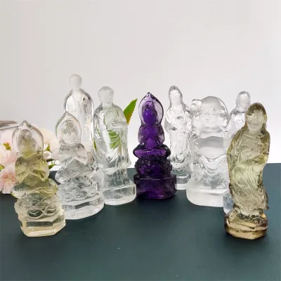 Natural Crystal Hand Carved Guan Yin Buddha Statue Clear Quartz Amethyst Wealth Wicca Feng Shui Decor Engraving Type Gemstone