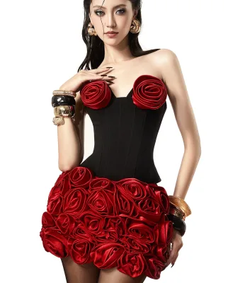 Rose Decorated Black Corset Mini Skirt Set Structured Handmade Rose Flowers Embellished Strapless Party Two Pieces Set
