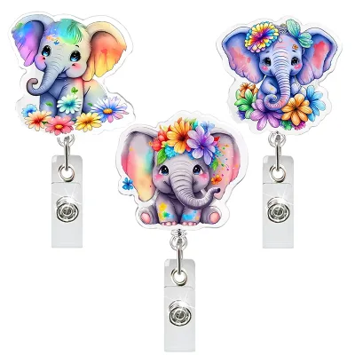 Wholesale 2D Acrylic Flower Elephant Badge Reel Cute Colorful Retractable Heavy Duty with 360 Swivel Carabiner Clip Accessories