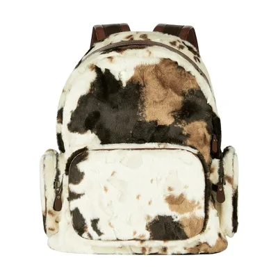 Retro Cow Print Faux Fur Backpack Soft Plush Casual Bag with Leather Accents for Daily Fashion Use