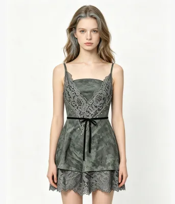 Women Cami Mini Dress Tie Dye Lace Patchwork Bow Waist Layered Short Dress