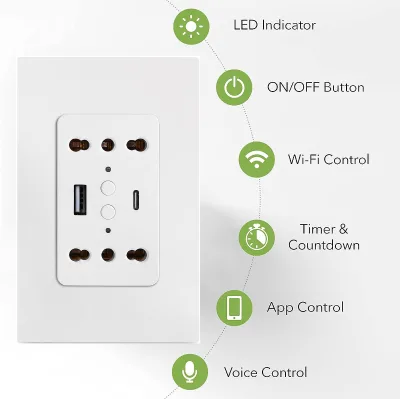 Italy  Chile Smart Socket Tuya Wi-Fi Outlet with USB a and Type-C Ports Supports Voice Control