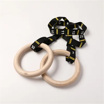 Gym Fitness Accessories Wooden Gymnastic Ring with Nylon Straps for Home Gym Workout
