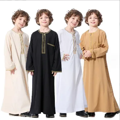 Muslim Saudi Arab Boys Robe Dishdasha Kids Abaya Kaftan Prayer Islam Clothing Long Sleeve Thobe Middle East Teenage Boy Costume