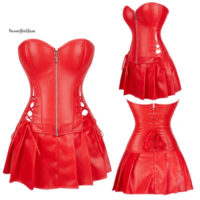 Red Black Faux Leather Dress Goth Women's Vintage Club Party Sexy Mini Corset Dress