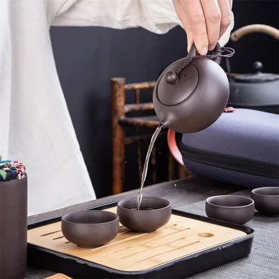 Purple Clay Teapot Portable Travel Tea Set All in One Outdoor Chinese Tea Pot with Cups Gift Set for Picnic Camping