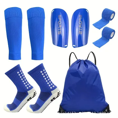 Aofit 5-Piece Soccer Sports Gear Set Shin Guards Drawstring Backpack Sports Tapes Knitted Crew Football Socks
