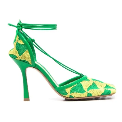 Latest Design Special Woven Fabric Square Toe Low Heel Women Heeled Sandals