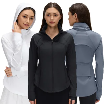 Women New Design Fitness Gym Wear Top Thumb Hole Design Quick Dry Detachable Drawstring Hooded Sun Protection Long Sleeves