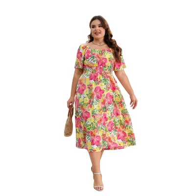 New Arrival Women's Plus Size Vintage Summer Short Sleeves Boho Floral Print Tiered Casual Flowy Long Midi Dress for Holiday