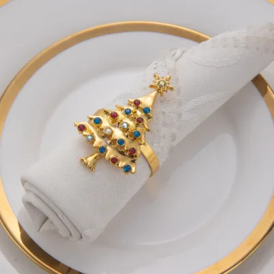 Factory Wholesale Happy New Year Crystal Multi Christmas Tree Napkin Ring for Christmas Eve Gift Crafts Party Supplies